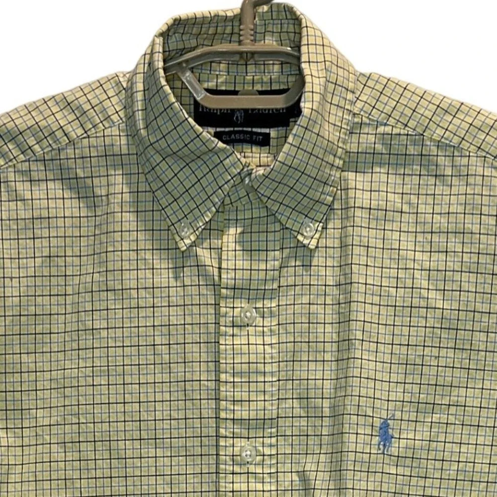 Ralph Lauren Button Down Shirt S Mens Yellow Blue Check Classic Fit Short Sleeve